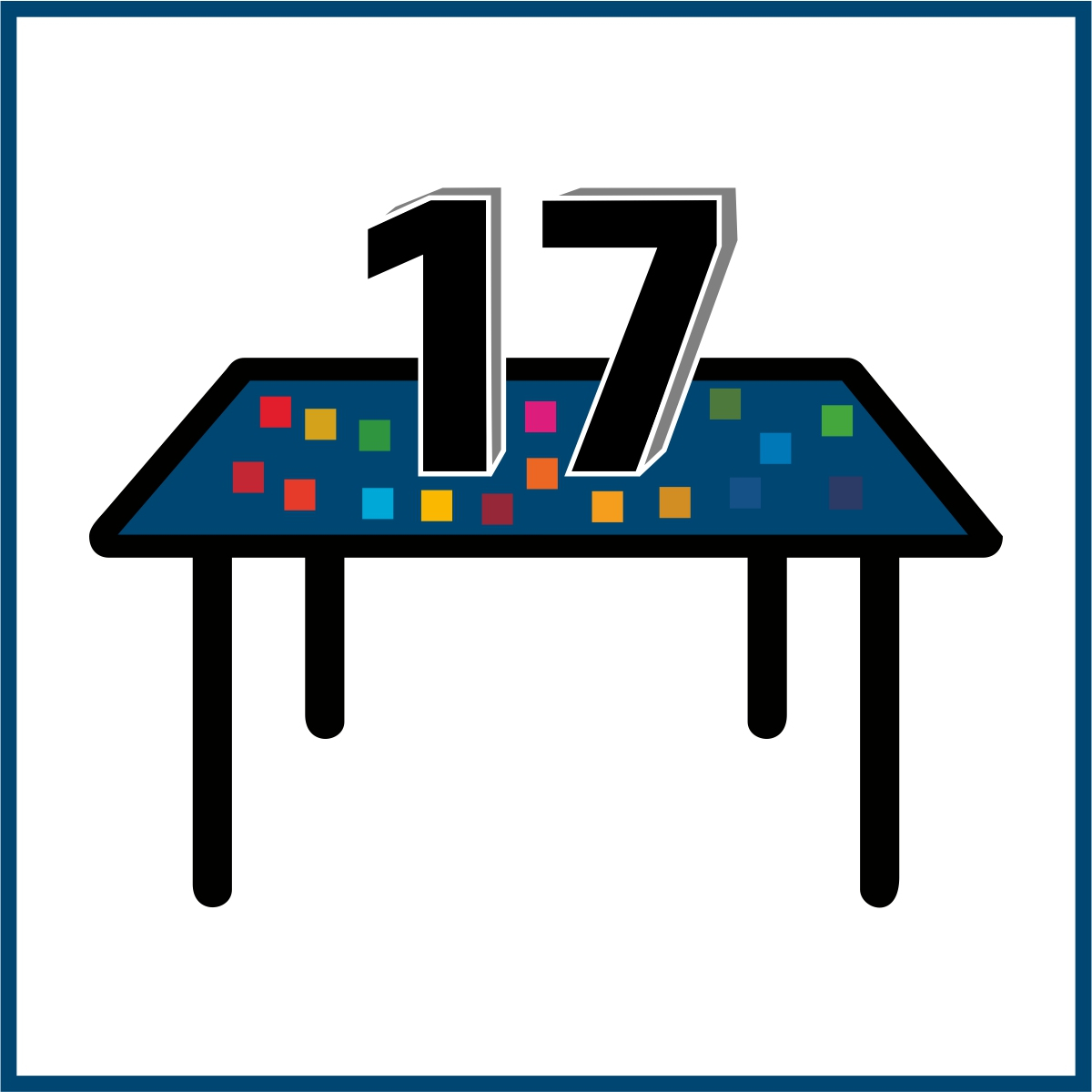 Piktogramm Tisch mit 17 Vierecken in den Farben der SDGs und einer großen "17"