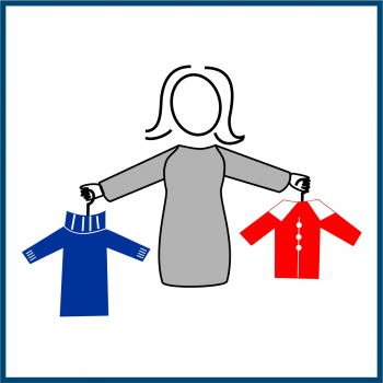 Piktogramm einer Frau, die zwei Kleidungsstücke hält