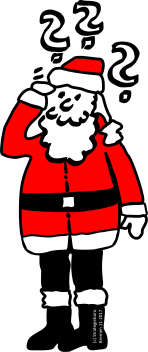 Pictograph of Santa Claus with question marks around his head