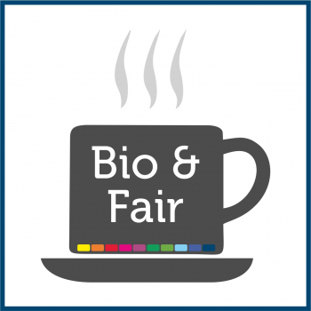 Piktogramm einer Kaffeetasse mit em Text "Bio & Fair"