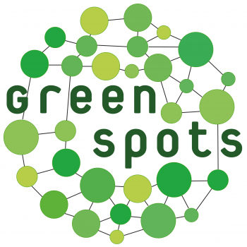 Piktogramm eines Netzwerks aus vielen unterschiedlich großen und in unterschiedlichen Grüntönen gefärbten Punkte, dazu der Text "green spots"