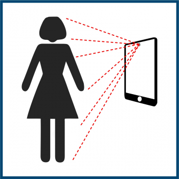 Piktogramm einer Frau, die von eniem Kleidungsscanner gescannt wird