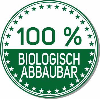 Piktogramm eines Siegels mit dem Text "100% Biologisch abbaubar"