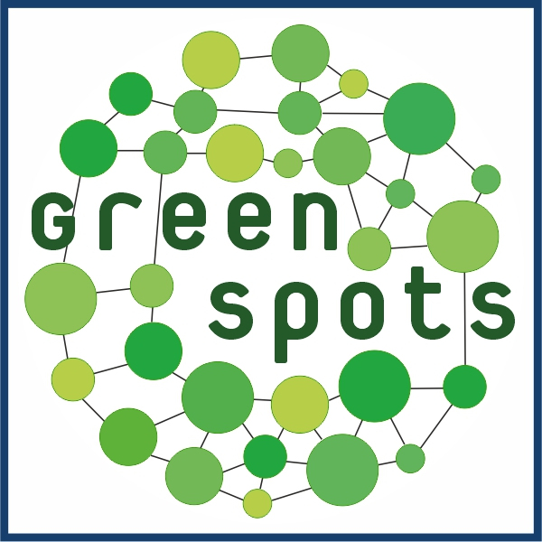 Piktogramm eines Netzwerks aus runden grünen Punkten in unterschiedlichen Grüntönen, darin der Text "green spots"