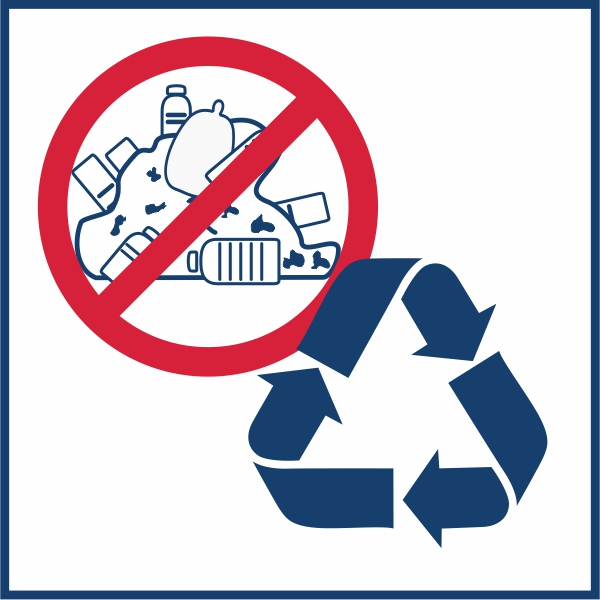 Piktogramm einer Müllkippe, teilweise verdeckt durch ein Verbotsschild. Davor ein großes "Recycling"-Symbol.