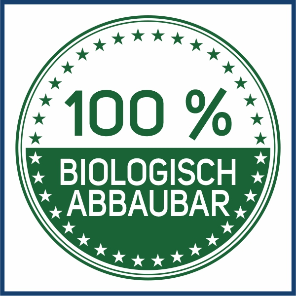 Piktogramm eines runden Siegels mit dem Text "100 % biologisch abbaubar"