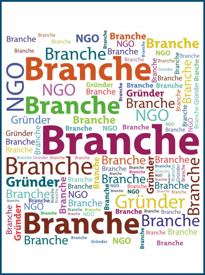 Texte "Branche", "NGO" und "Gründer" in verschiedenen Größen und Farben