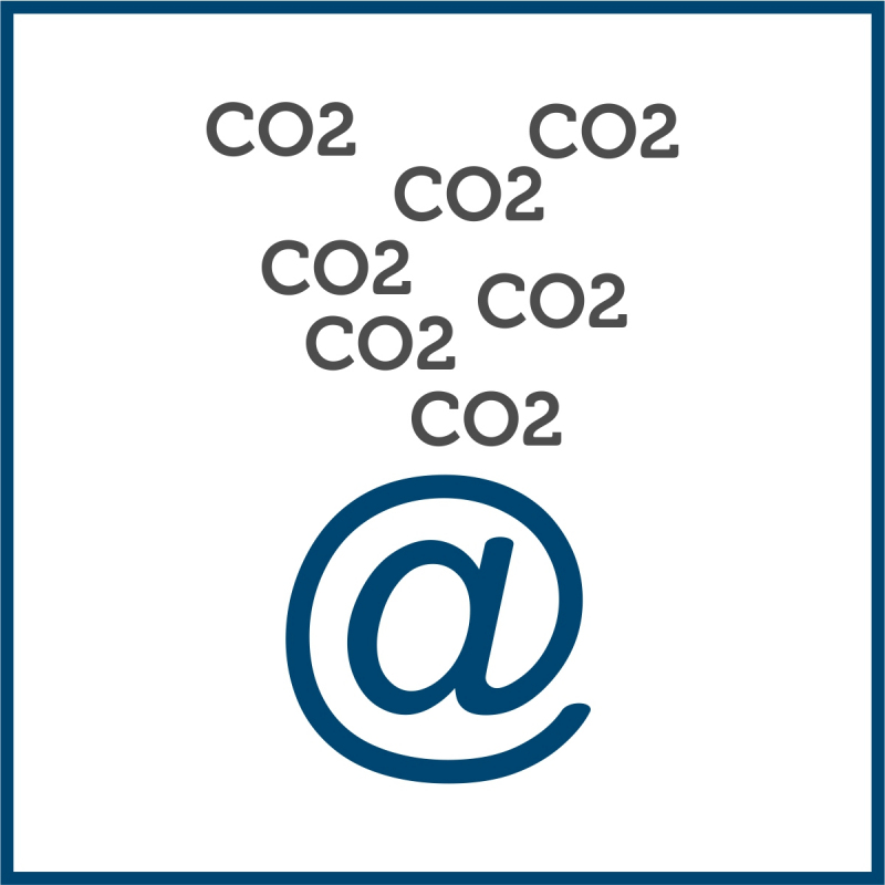 Piktogramm eines "@"-Zeichens. Darüber steigen Symbole für "CO2" auf.