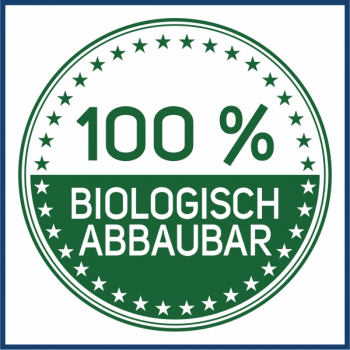 Piktogramm eines runden Siegels mit de Text "100 % biologisch abbaubar"