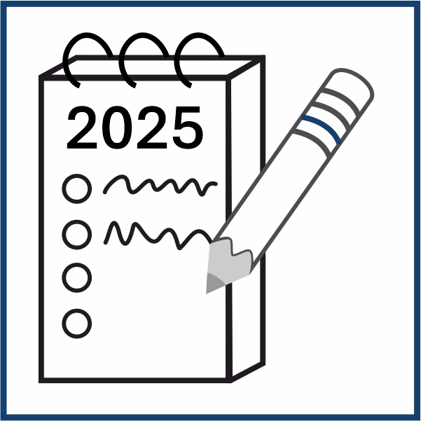 Piktogramm eines Kalenders für 2025 mit Notizen, sowie eines Bleistiftes