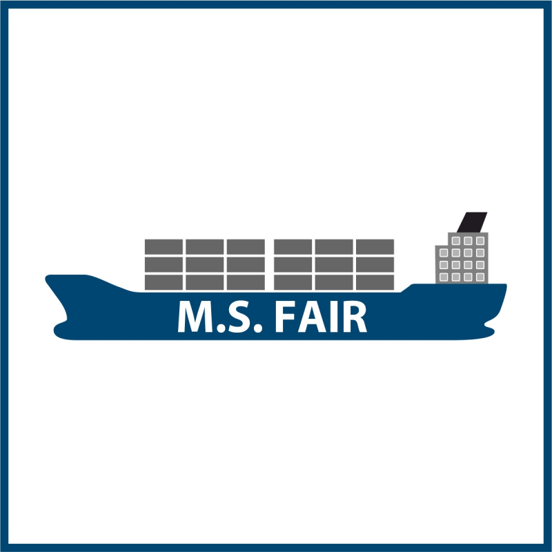 Piktogramm eines großen Containerschiffes mit dem Namen "M.S. FAIR"